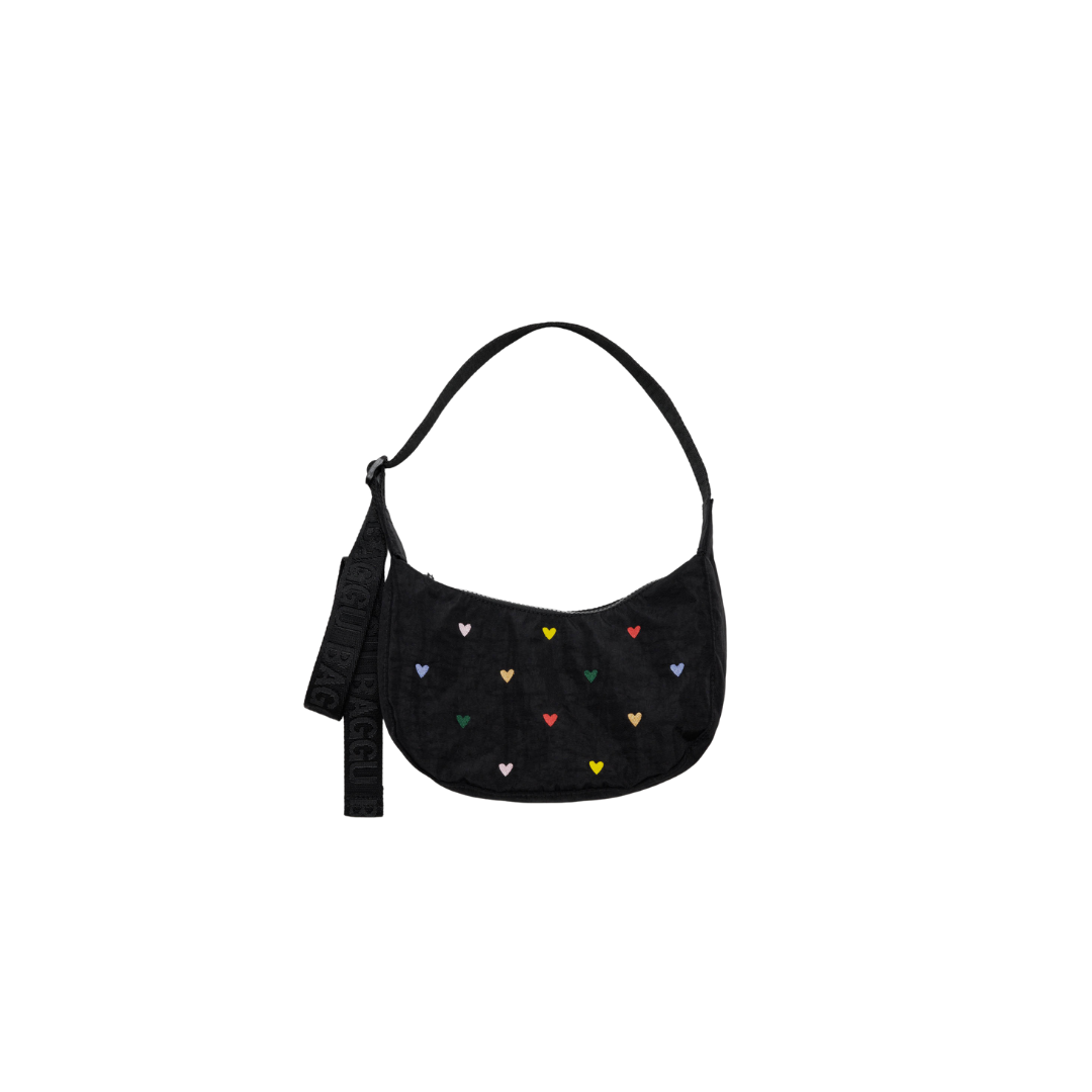 Small Nylon Crescent Bag - Embroidered Hearts