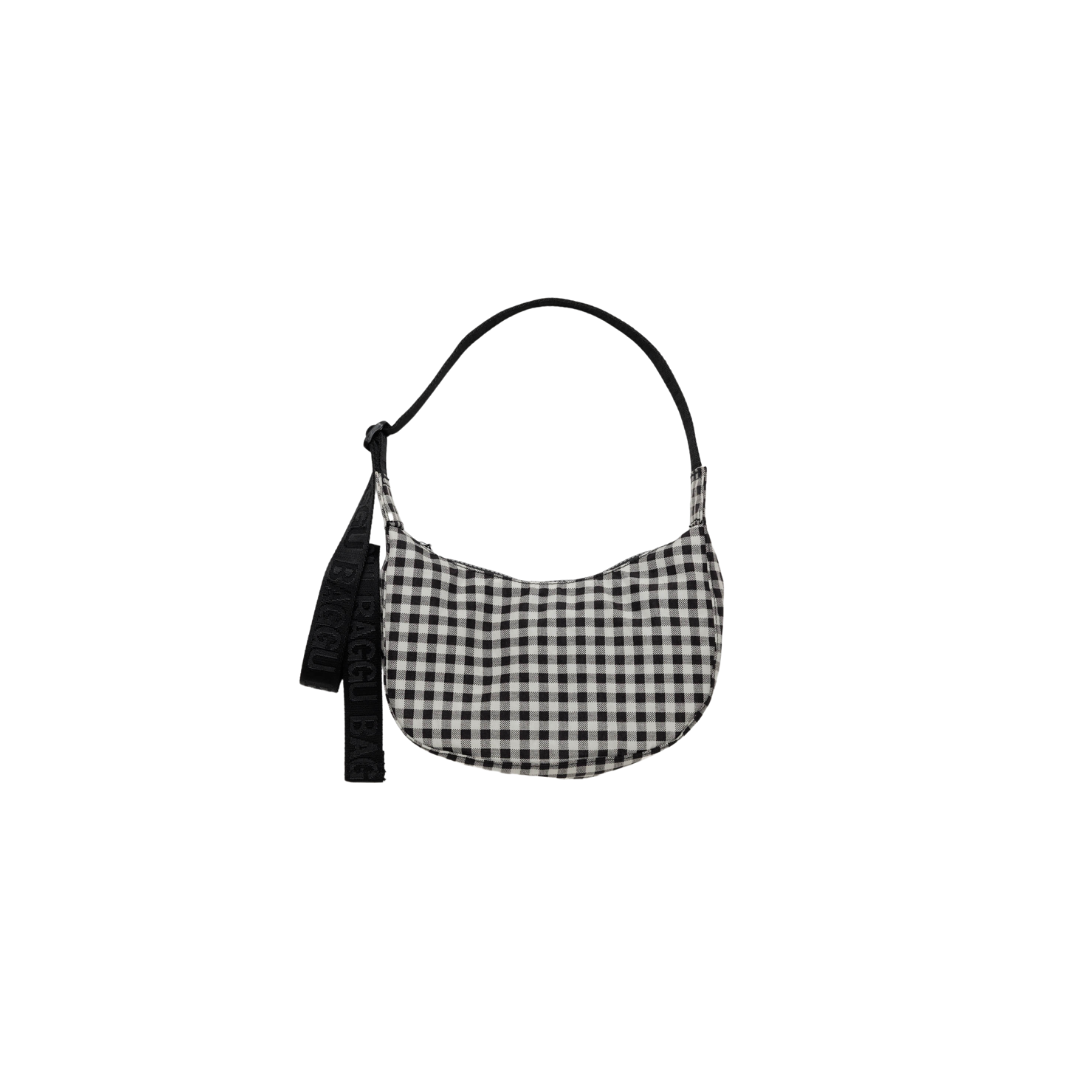 Small Nylon Crescent Bag - Black & White Gingham