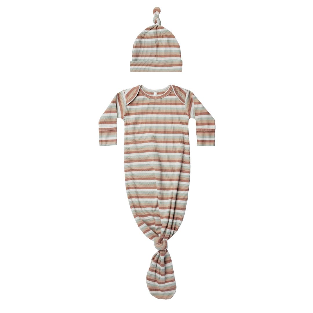 Knotted Baby Gown & Hat Set - Summer Stripe (One Size)